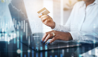 Buy stock photo Credit card, laptop or hands typing on stock market or cryptocurrency website for a digital financial payment. Overlay, finance or black woman trading forex online for cash savings investment growth
