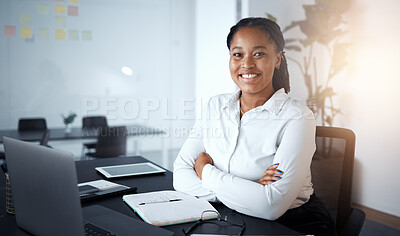 Buy stock photo Leadership, ceo and black woman with arms crossed in office ready for tasks, targets or goals. Boss, manager and portrait of female entrepreneur with success mindset, vision and mission in workplace.
