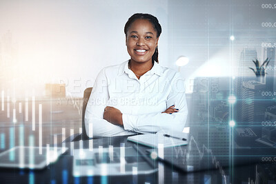 Buy stock photo Stock market overlay, business woman portrait and fintech chart graphic happy about investment growth. Accounting, finance and crypto currency black woman employee proud of digital trading success