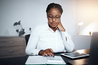 Buy stock photo Business, accounting calculator and black woman typing in office working late calculating financial budget. Planning, night and female accountant, employee or worker doing bookkeeping in workplace.