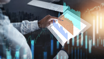 Buy stock photo Hands of woman, tablet and finance hologram for stock market, trading or investment growth. Overlay, futuristic tech and female with touchscreen charts for financial statistics, forex and analytics.