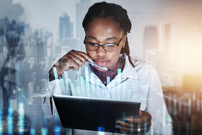 Buy stock photo Black woman, digital overlay and tablet in office for researching finance data. City double exposure, graphs or female with touchscreen for networking, internet browsing or web scrolling in workplace