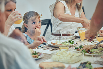Buy stock photo Big family, food and lunch at table in home, eating and drinking. Love, brunch and grandfather, grandmother and girl with mother and father sharing a delicious and healthy meal while bonding in house