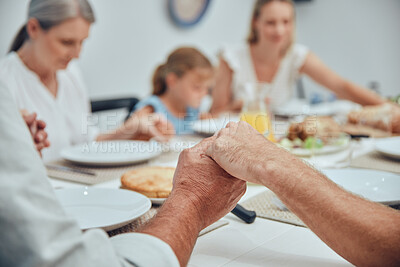 Buy stock photo Big family, holding hands and pray before food with love, care and god worship before eating. Buffet, prayer and thanksgiving gratitude with family hands of children, grandparent and mother at home