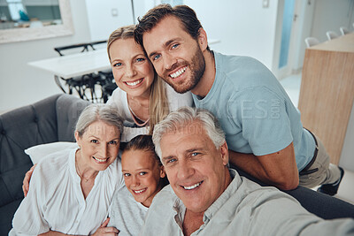 Buy stock photo Family, selfie and grandparents with girl, parents and smile for bonding, loving and lounge. Love, portrait and grandmother with grandfather, mama and dad with daughter, happiness and relax on sofa.