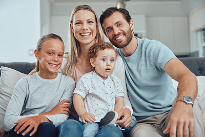Buy stock photo Happy, family and sofa portrait with kids at home in Australia for bonding and togetherness. Family home, mother and dad with young children relaxing on living room couch with joyful smile.