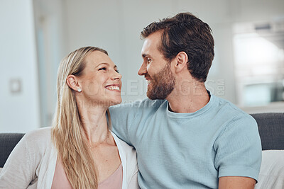 Buy stock photo Love, relax or couple hug in house living room sofa and resting on a holiday vacation with support in a happy marriage. Smile, Berlin or happy woman enjoying quality bonding time with secure partner