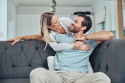 Buy stock photo Love, relax or couple hug in house living room sofa and resting on a holiday vacation with support in a happy marriage. Smile, Berlin or happy woman enjoying quality bonding time with a fun partner