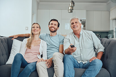Buy stock photo Watching tv, family and home of a couple with grandparent streaming a movie happy on a sofa. Television, living room and video watching of people on a family home couch with technology and happiness