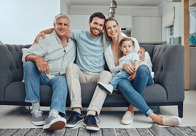 Buy stock photo Family, happy portrait and relax on sofa in living room for  quality time, relationship bonding and happiness together. Big family, smile and grandfather relaxing with children on couch for support