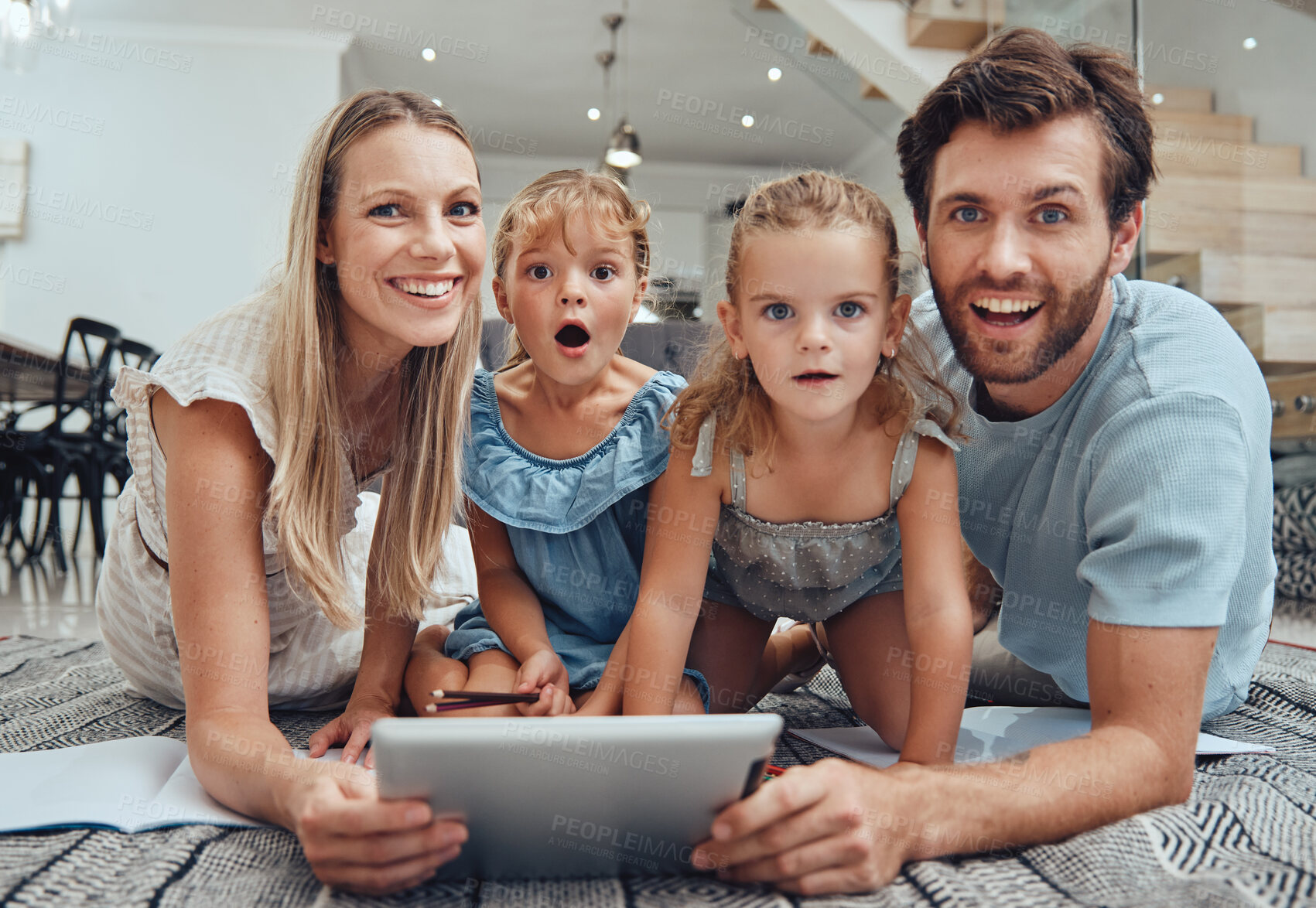 Buy stock photo family, tablet and happy portrait on floor in living room for relax fun activity, quality time and relationship bonding for love, support and care. Happiness, parents and children together on device