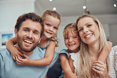 Buy stock photo Family, happy portrait and relax together in home for quality time, relationship bonding and support in family home. Love, care and children hugging parents for happiness or smile in living room