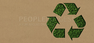 Buy stock photo Grass, mockup and cardboard with recycle arrow for sustainability, environment and package pollution. Recycling, earth day and energy with eco friendly sign for reusable, clean energy and nature