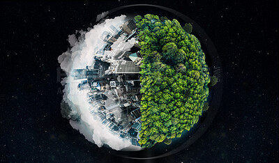 Buy stock photo World, city buildings or forest in globalization crisis, climate change awareness or pollution environment security on black background. Globe, environment day or abstract urban trees on night mockup