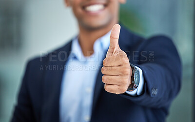 Buy stock photo Thumbs up, success and hand of businessman in the office with an approval, agreement or positive gesture. Happiness, successful and professional male employee with a thank you thumbsup in workplace.