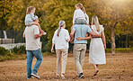 Big family, walking and relax together in nature park for summer vacation, holiday enviroment and sunshine outdoor. Grandparents, parents and children walk  for quality time or bonding for happiness