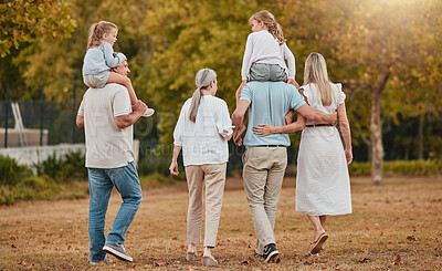 Buy stock photo Big family, walking and relax together in nature park for summer vacation, holiday enviroment and sunshine outdoor. Grandparents, parents and children walk  for quality time or bonding for happiness
