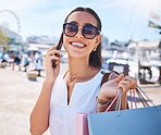 Phone call, fashion and happy woman with shopping bags in the city walking outdoor in the street. Rich, fancy and elegant housewife on a mobile conversation while on a sale shopping spree in a town.