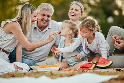 Buy stock photo Summer, park and family on picnic with fruit enjoying summer holiday, vacation and weekend together. Big family, love and grandparents, parents and children eating, bonding and relaxing outdoors
