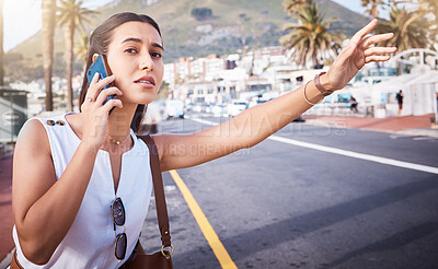 Buy stock photo Phone call, taxi or woman on a road in a city for traveling in Miami, Florida on a summer holiday vacation. Stop, bus or girl tourist waiting for a cab car outdoors on city street for an appointment 