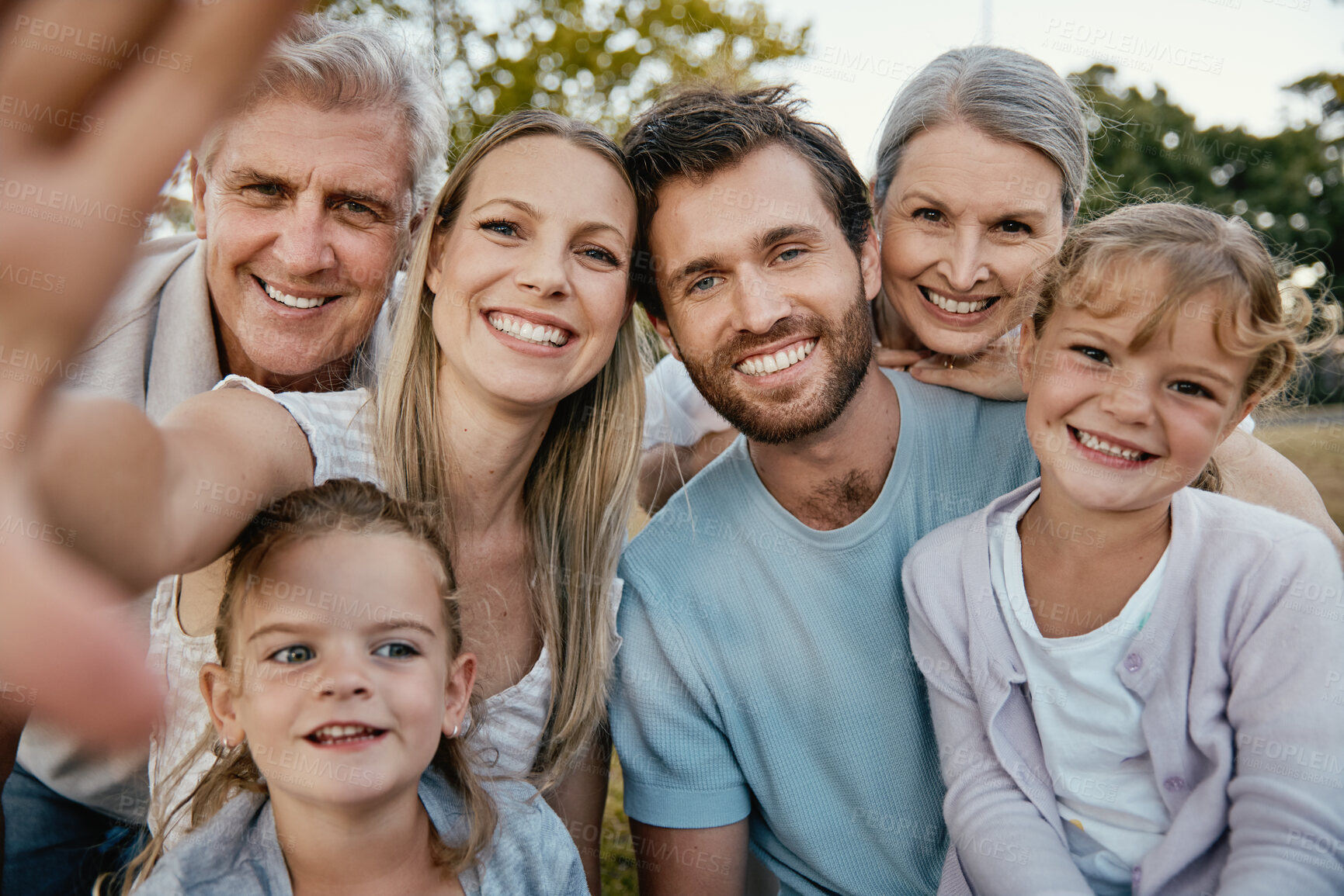 Buy stock photo Big family, portrait smile and selfie for happy quality bonding together for fun day in the nature park. Parents, grandparents and kids faces smiling for family time, photo or holiday in the outdoors