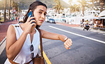 Phone call, time and woman waiting for taxi in city while talking, speaking or chatting. Travel destination, watch and late female on 5g mobile smartphone in discussion with contact outdoors in town.