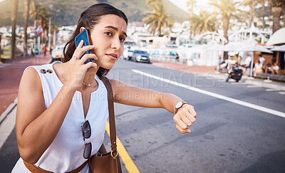 Buy stock photo Phone call, time and woman waiting for taxi in city while talking, speaking or chatting. Travel destination, watch and late female on 5g mobile smartphone in discussion with contact outdoors in town.