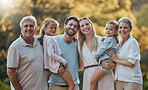 Love, family and grandparents with girls, parents and smile together for bonding, loving and outdoor. Portrait, grandmother and grandfather with mother, father and daughters for vacation and relax.