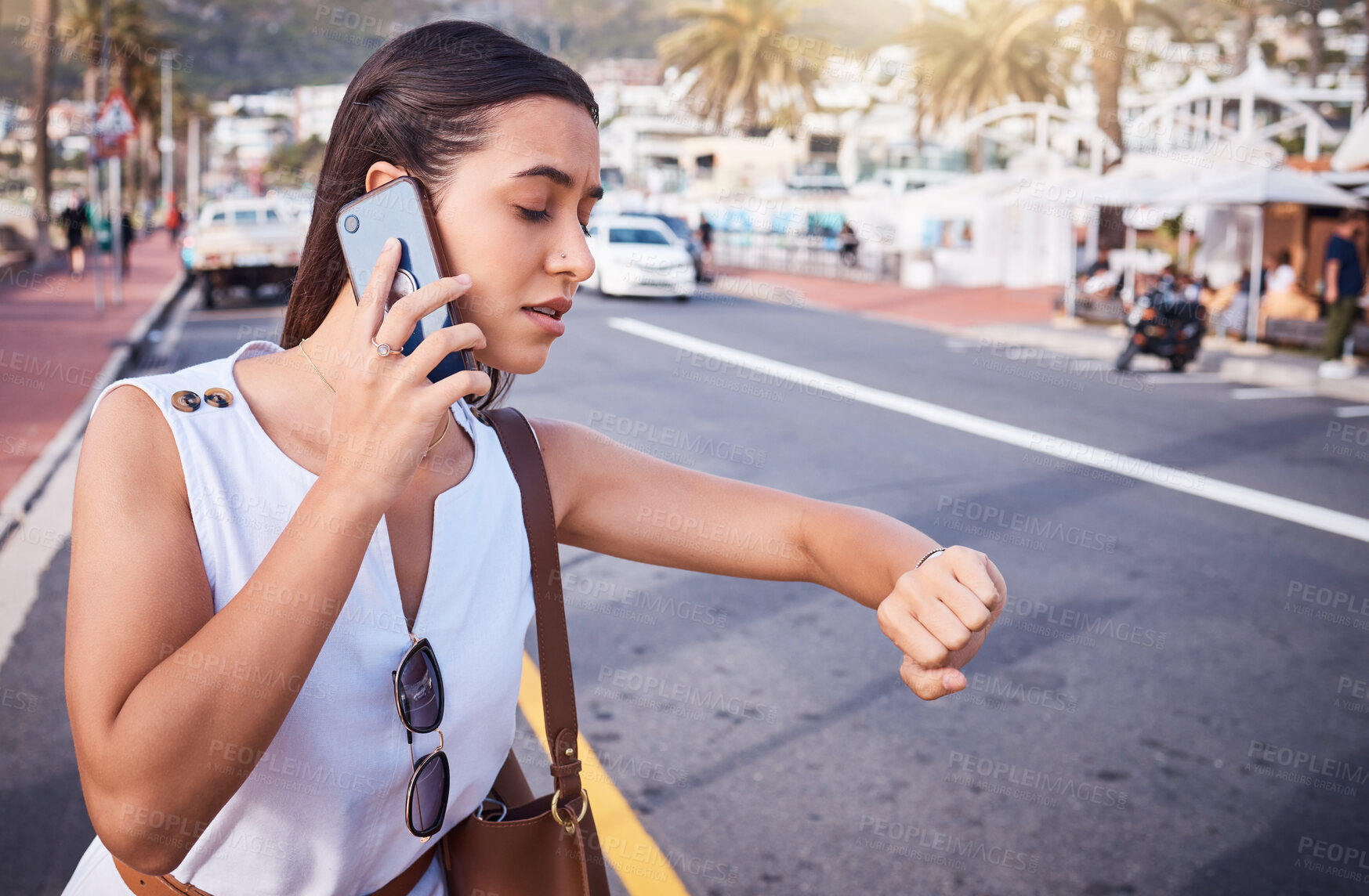 Buy stock photo Woman, phone call and street with time, taxi and traffic for travel to work for business. Corporate employee waiting, using phone and watch on road, urban outdoor or metro for transportation