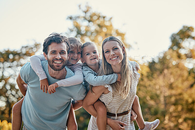 Buy stock photo Family, park and portrait of parents with kids enjoying summer holiday, weekend and quality time outdoors. Love, nature and happy mother, father and children smiling, bonding and relax together