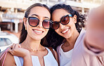 Selfie, women and shopping in city, smile and purchase luxury clothes, boutique and sale. Customers, friends and girls with bags, sunglasses and clients with clothes, consumers and retail therapy.