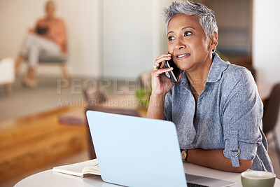 Buy stock photo Communication, phone call and coffee, mature woman with phone and laptop in cafe in India. Success, internet and talking on smartphone, senior startup owner and happy woman networking with client.