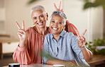 Senior women, bonding or peace sign in house or home living room for social media, profile picture or cool memory capture. Portrait, happy smile or retirement elderly friends and emoji hands gesture