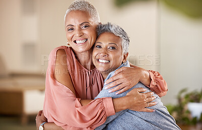 Buy stock photo Portrait, senior women and friends hug, smile and bonding for break, relax and reunion. Retirement, females and ladies embrace, casual and loving together for quality time, friendship and happiness.
