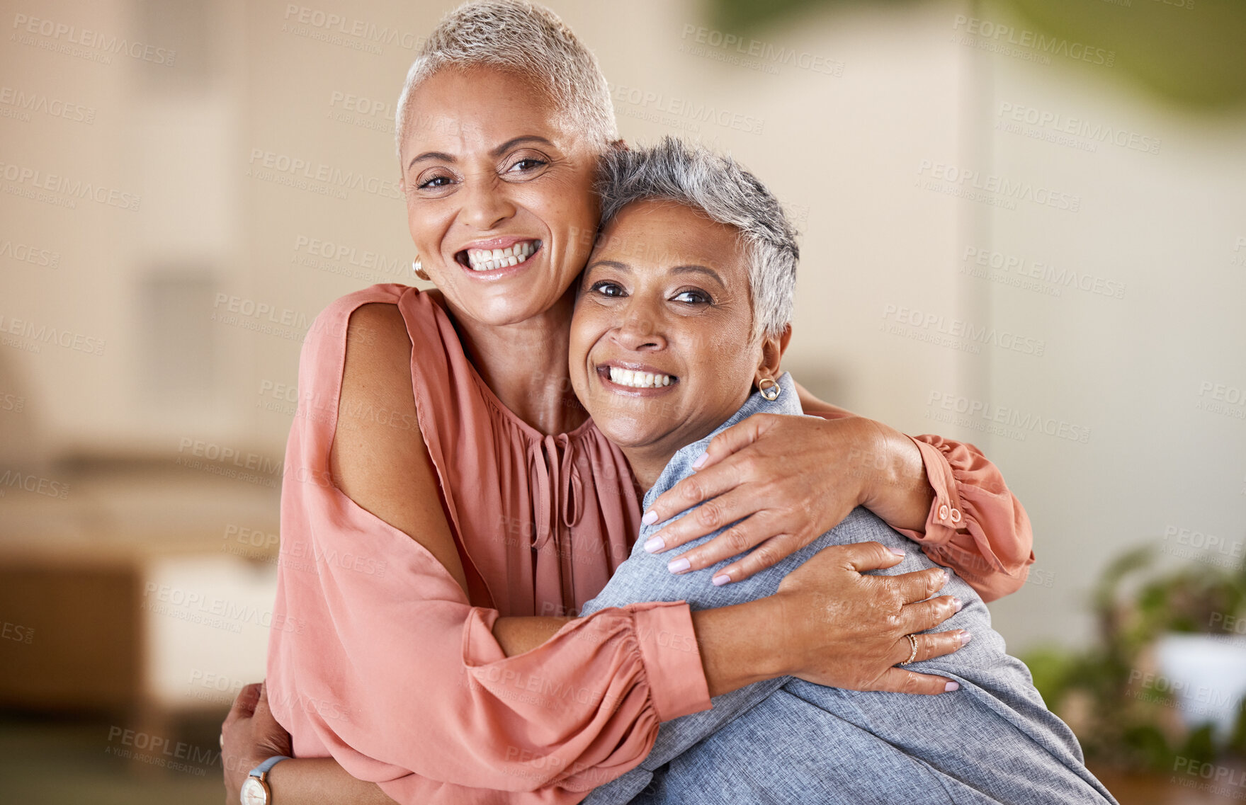 Buy stock photo Portrait, senior women and friends hug, smile and bonding for break, relax and reunion. Retirement, females and ladies embrace, casual and loving together for quality time, friendship and happiness.