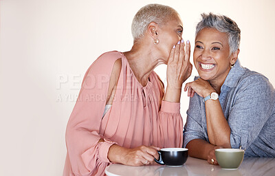 Buy stock photo Senior women, bonding or whispering secrets in coffee shop, restaurant or cafe and funny gossip, news or story. Smile, happy or retirement elderly friends whispering in ear or sharing in rumor spread