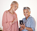 Senior women, friends or smartphone for social media, connectivity or communication. Elderly female, mature lady or phone for communication, apps or discussion with cellphone, share pictures or smile