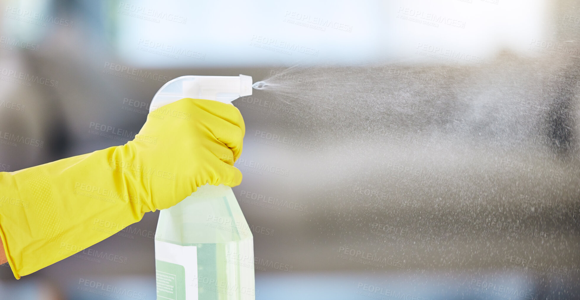 Buy stock photo Cleaning, housekeeping and hands with detergent from spray bottle for disinfection, bacteria and household safety. Spring cleaning, housework and maid with gloves spray cleaning products in air