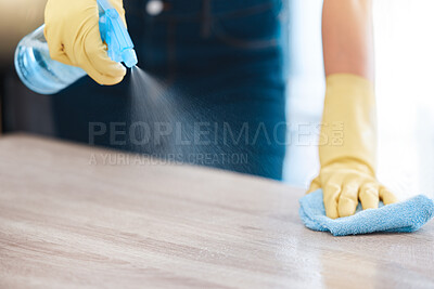 Buy stock photo Cleaning, housekeeping and hands with spray bottle on furniture for spring cleaning, dust and dirt on surface. Housework, healthcare and person with rubber gloves, cleaning products and disinfection