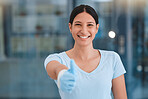 Cleaning woman, thumbs up portrait and office with smile, gloves and safety with happiness by blurred background. Happy hygiene expert, face and hand sign for motivation, goals and cleaning service