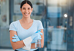 Portrait, cleaning and woman with spray product for housework, spring cleaning and hygiene in her home. Face, girl and cleaner with detergent for dust, bacteria and germ prevention, happy and smile