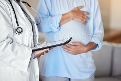 Buy stock photo Doctor, tablet and pregnant woman at hospital for consultation. Pregnancy, healthcare and mother consulting medical professional with hands on touchscreen tech for help or assistance with maternity.