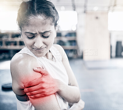 Buy stock photo Woman, fitness and shoulder pain in gym for exercise workout, training accident and sports medical emergency. Sad athlete, arm injury and physical therapy, arthritis or muscle wellness in health club