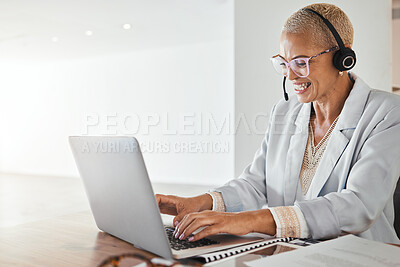 Buy stock photo Consulting, black woman and laptop in office for online meeting, webinar and thinking, planning and discussion. Business woman, microphone and virtual training but mentor  teaching on live stream