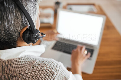 Buy stock photo Senior woman, headphones and working on laptop for telemarketing communication, customer service consulting and crm contact us support. Mature call center agent, typing and digital consultant back