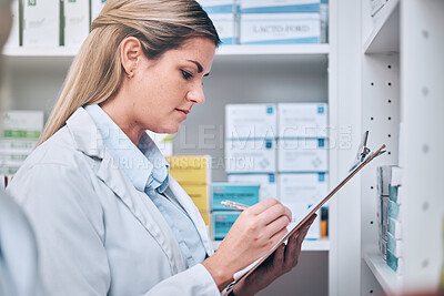 Buy stock photo Pharmacist, writing or woman with checklist for medicine stock or medical supplements inventory supply. Pharmacy, clipboard or doctor recording retail drugs data for store shelf products management