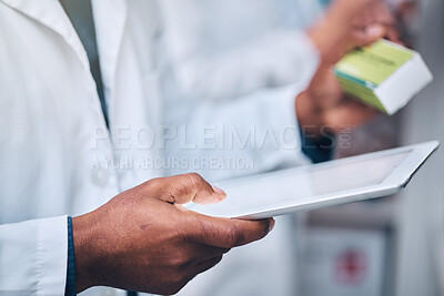 Buy stock photo Healthcare, hands and pharmacist with tablet and medicine checking prescription online in pharmacy inventory. Medical insurance, drugs and man with digital stock checklist at pharmaceutical store.