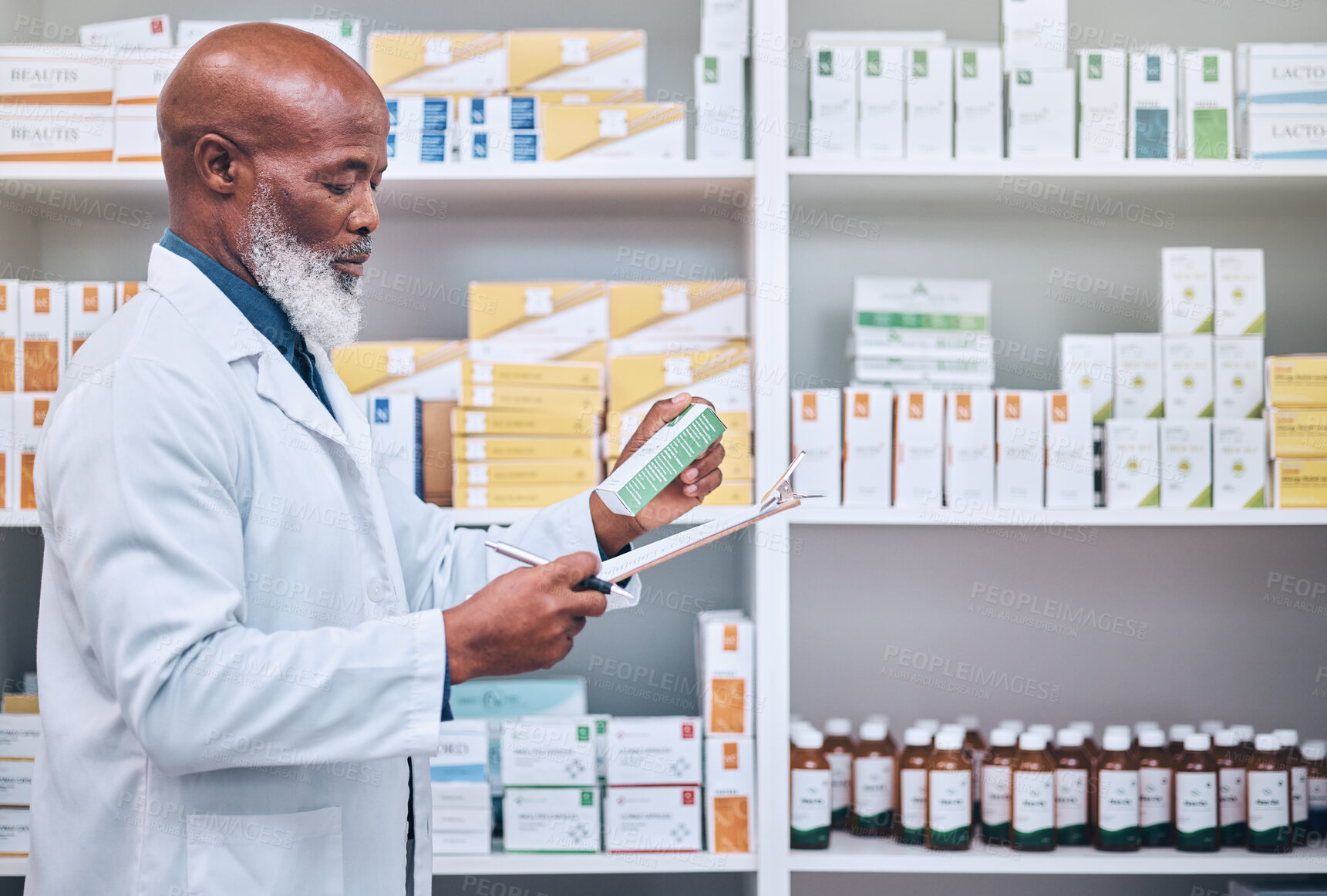 Buy stock photo Black man pharmacist, checklist for pills in pharmacy and health, medicine inventory or fill up prescription in medical store. Healthcare, chemist with clipboard and black man does stock check.