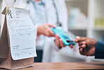 Pharmacy, card machine and patient paying for the medication at medical clinic dispensary. Credit card, prescription medicine and closeup of payment with cash dispenser point at pharmaceutical store.