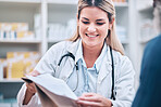 Healthcare, pharmacist and man at counter, medicine, prescription drugs and happy service at drug store. Health, wellness and medical insurance, black man and woman at pharmacy for advice and pills.